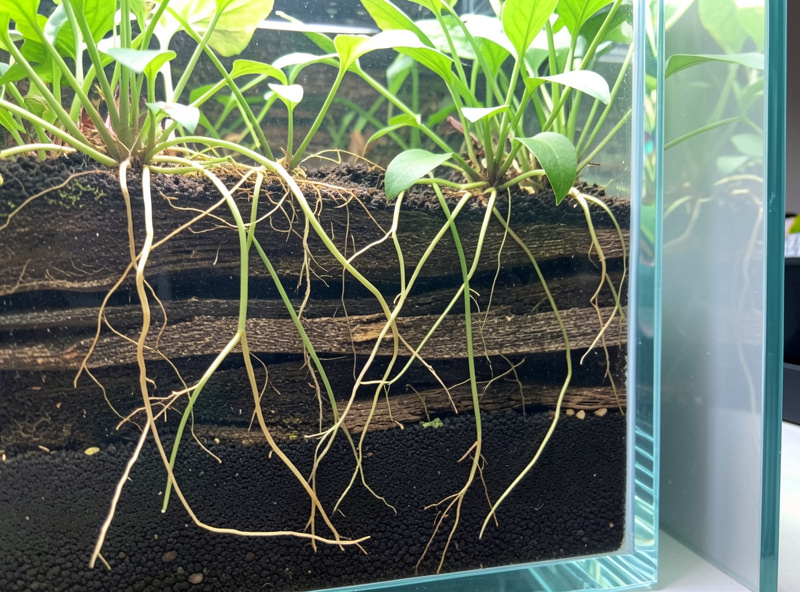 Cross-section through aquarium side glass showing plant roots threading down through layered dark substrate