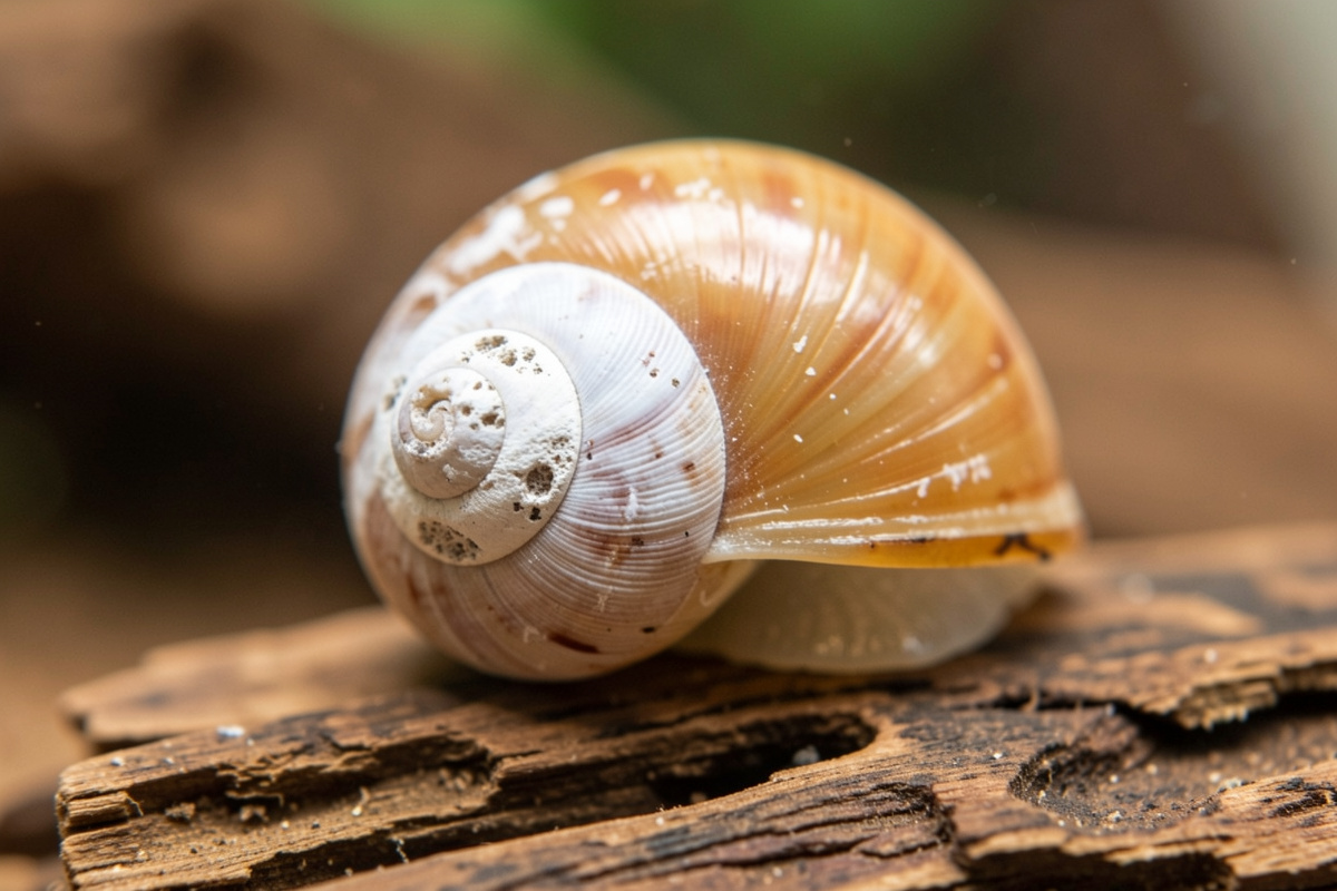 A snail shell showing a chalky white eroded tip beside healthy new growth