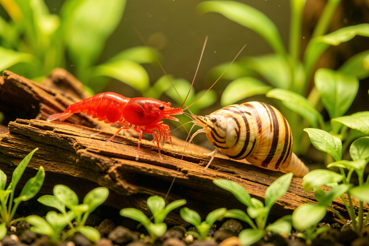 A cherry shrimp and a nerite snail feeding together on driftwood in a nano tank
