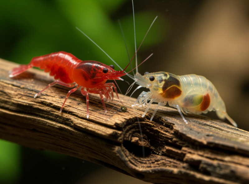 A cherry shrimp and a nerite snail feeding together on driftwood in a planted nano tank