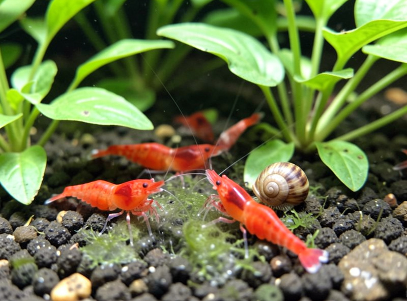 Several cherry shrimp and a snail grazing biofilm on aquarium substrate and plants