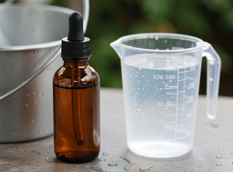 Amber dropper bottle of aquarium water conditioner beside a graduated cup and bucket