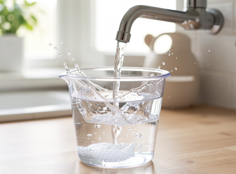 Tap water running from a faucet into a clear bucket