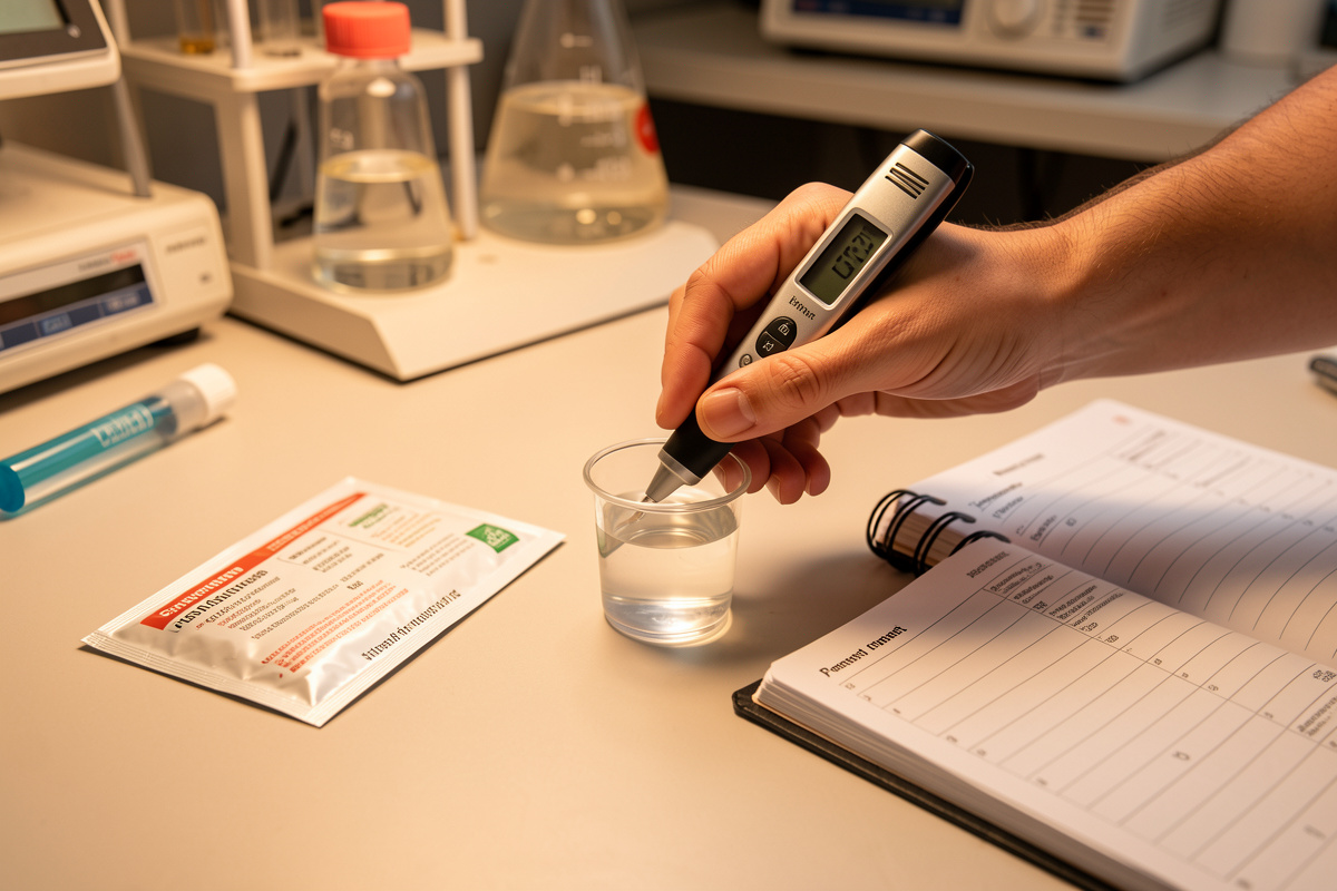 Hand calibrating a digital TDS pen in a cup of calibration solution on a workbench