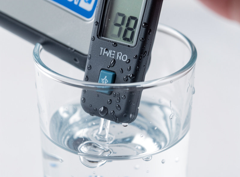 Digital TDS meter reading triple zero in a glass of pure RO water