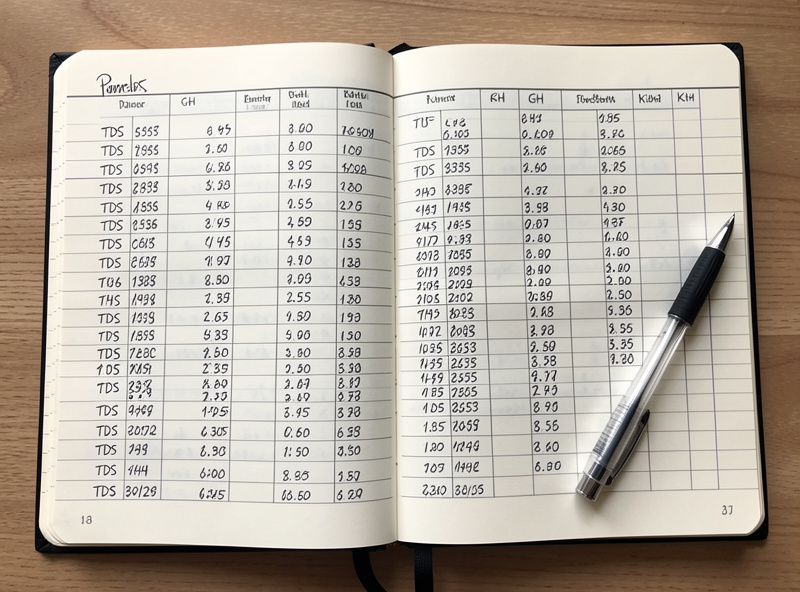 Open handwritten parameter logbook with columns of TDS, GH and KH readings