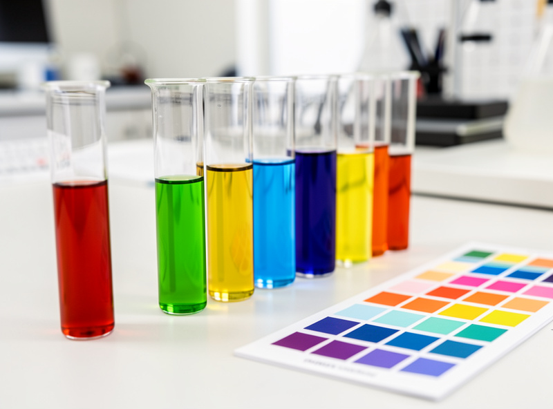 Row of aquarium test tubes showing color results for iron, nitrate and pH against a chart