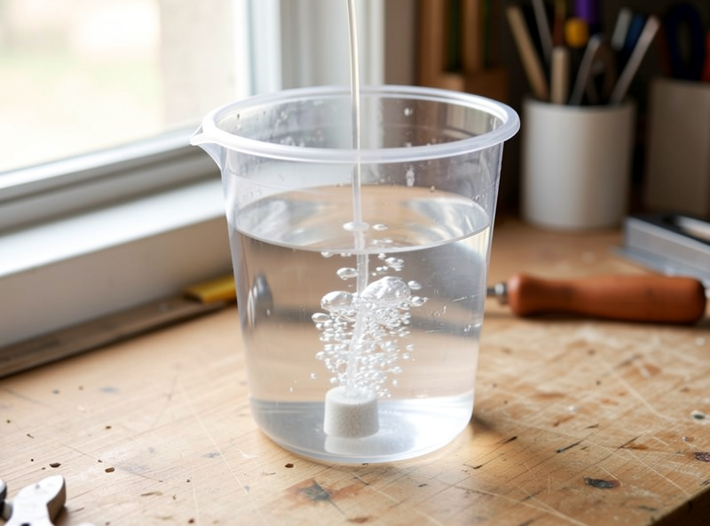Clear bucket of water being aerated by an airstone with rising bubbles