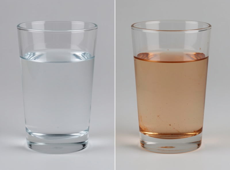 Two glasses of water compared, one clear and one faintly rust-tinted from dissolved iron